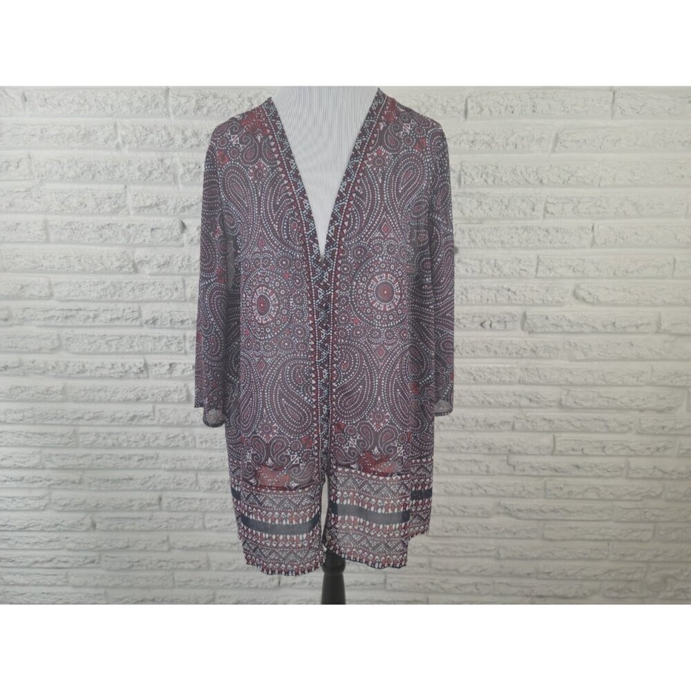 Catherines Womens Top 1X Plus Open Duster Sheer Blue Red Paisley PAI60E